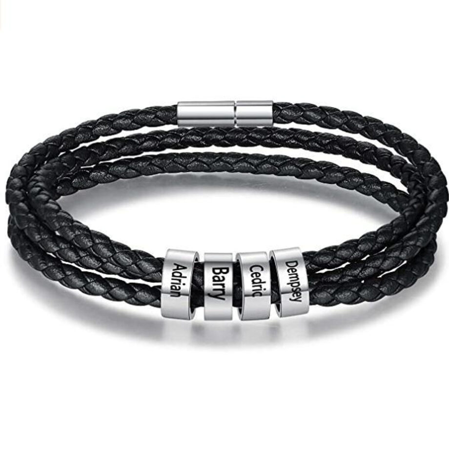 Custom Engraved Black Leather Bracelet for Men | Personalized Leather Beads Bracelet with Custom Bead for Him-white beads