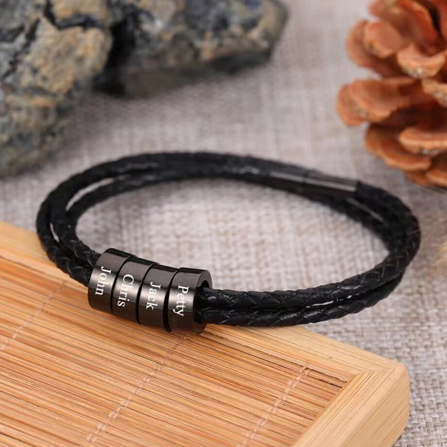 Personalized -Black Beads Bracelet for Men with Custom Bead - Custom Engraved Leather Beads Bracelet for Him