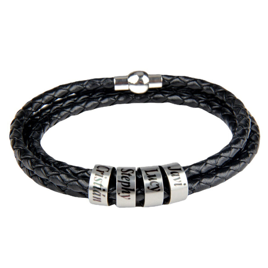 Custom Engraved Men's Leather Bracelet with Black Beads - Personalized Bracelet for Him Size:19 cm=7.5inch