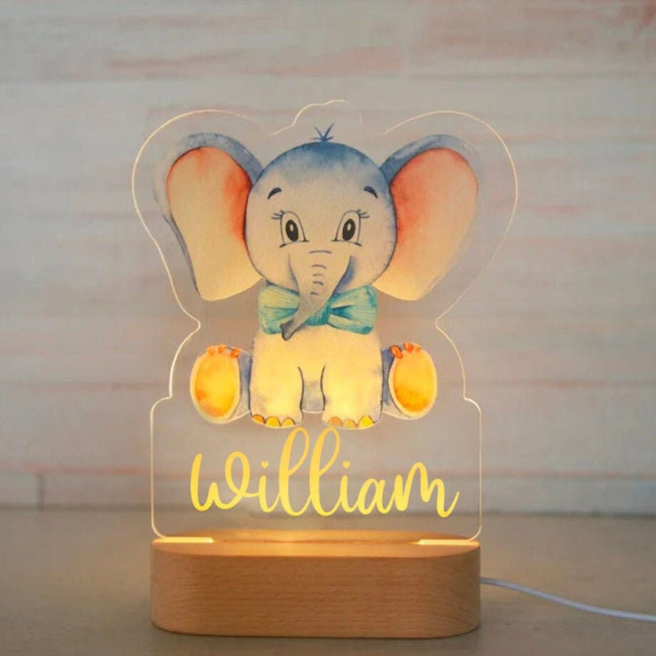 Custom Elephant Name Kids Bedside Lamp - Personalized Luminous Animal Night Light with Creative Acrylic Board - Ideal Gift for Kids' Room