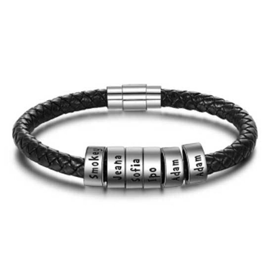 Custom Engraved Black Leather Bracelet for Men | Personalized Leather Beads Bracelet with Custom White Bead for Him