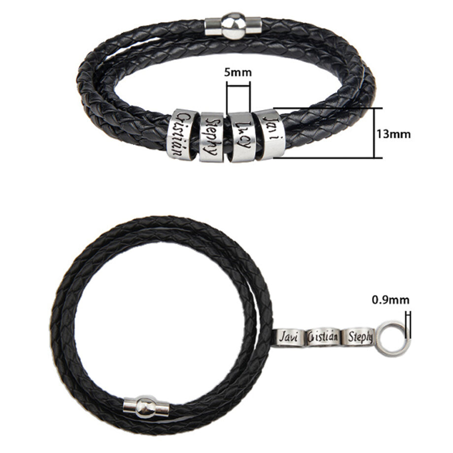 Custom Engraved Men's Leather Bracelet with Black Beads - Personalized Bracelet for Him Size:19 cm=7.5inch