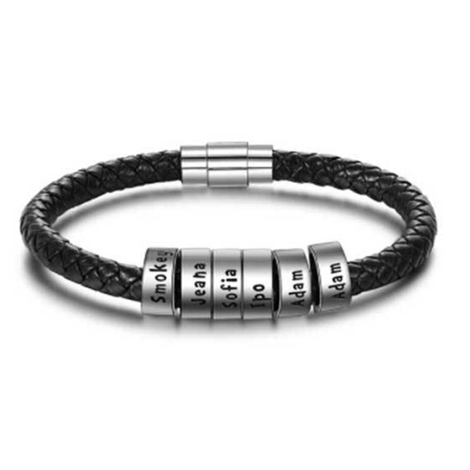 Custom Engraved Black Leather Bracelet for Men | Personalized Leather Beads Bracelet with Custom White Bead for Him