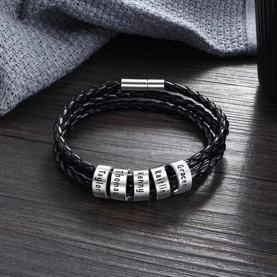 Custom Engraved Black Leather Bracelet for Men | Personalized Leather Beads Bracelet with Custom Bead for Him-white beads